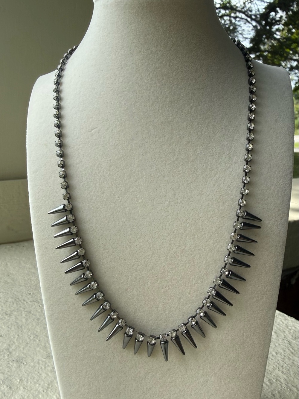 Vintage Gunmetal Rhinestone Spike Collar Choker Necklace - Gothic Punk Statement